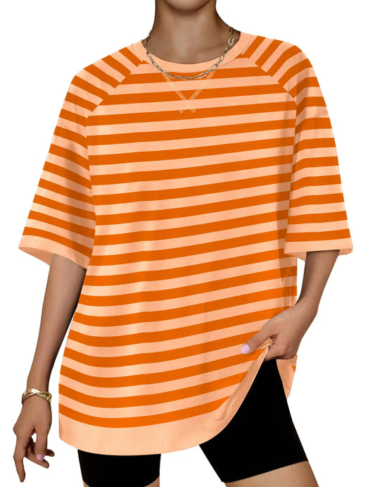 Zeagoo Women Oversized Orange Striped Short Sleeve T-Shirts Color Block Crew Neck Basic Tee Shirt Casual Workout Summer Tops