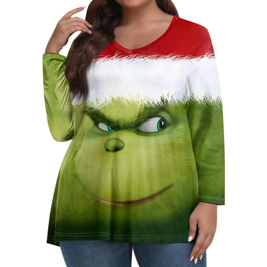 Womens Plus Size Christmas Tops V Neck Long Sleeve Shirts for Women Oversized Xmas T-Shirts Christmas Plus Size Tops