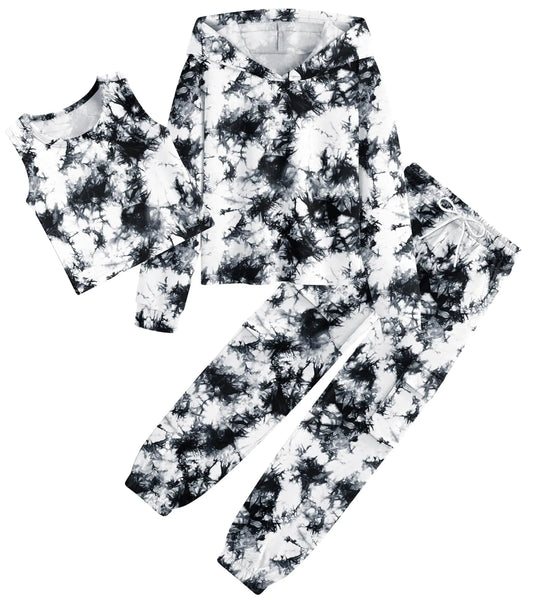 Vieille Girls Fall Outfits Set Black Tie Dye Hoodie Crop Top Pants 3 Piece Sweatsuits Kids Outdoor Clothes Size 9-10 Years