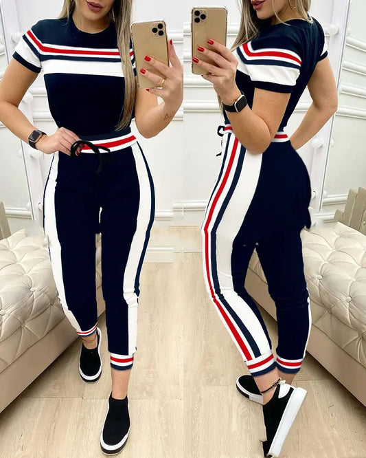 Colorblock Striped Top & Drawstring Pant Set