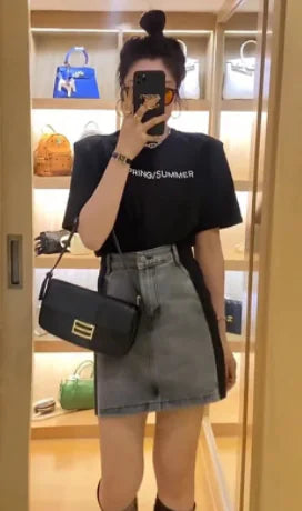 Chic High-Rise Denim A-Line Skirt
