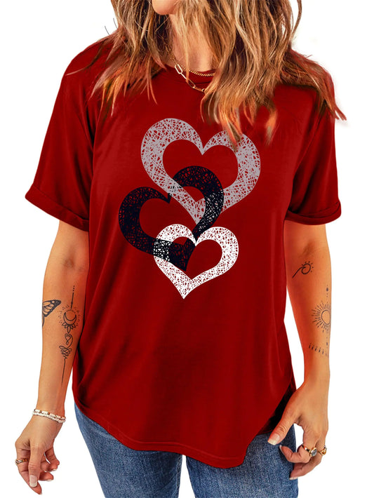 Valentines Day Shirts for Women Cute Heart Print Graphic T-Shirts Love Shirts for Women Valentines Day Casual Short Sleeve Top Wine Red