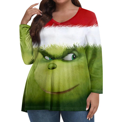 Womens Plus Size Christmas Tops V Neck Long Sleeve Shirts for Women Oversized Xmas T-Shirts Christmas Plus Size Tops