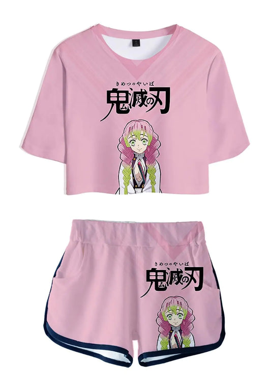 WANHONGYUE Anime Kanroji Mitsuri Crop Top T Shirt and Shorts Set Womens 2 Piece Short Sleeve Outfits Girls Summer Active Tracksuit Mitsuri XL